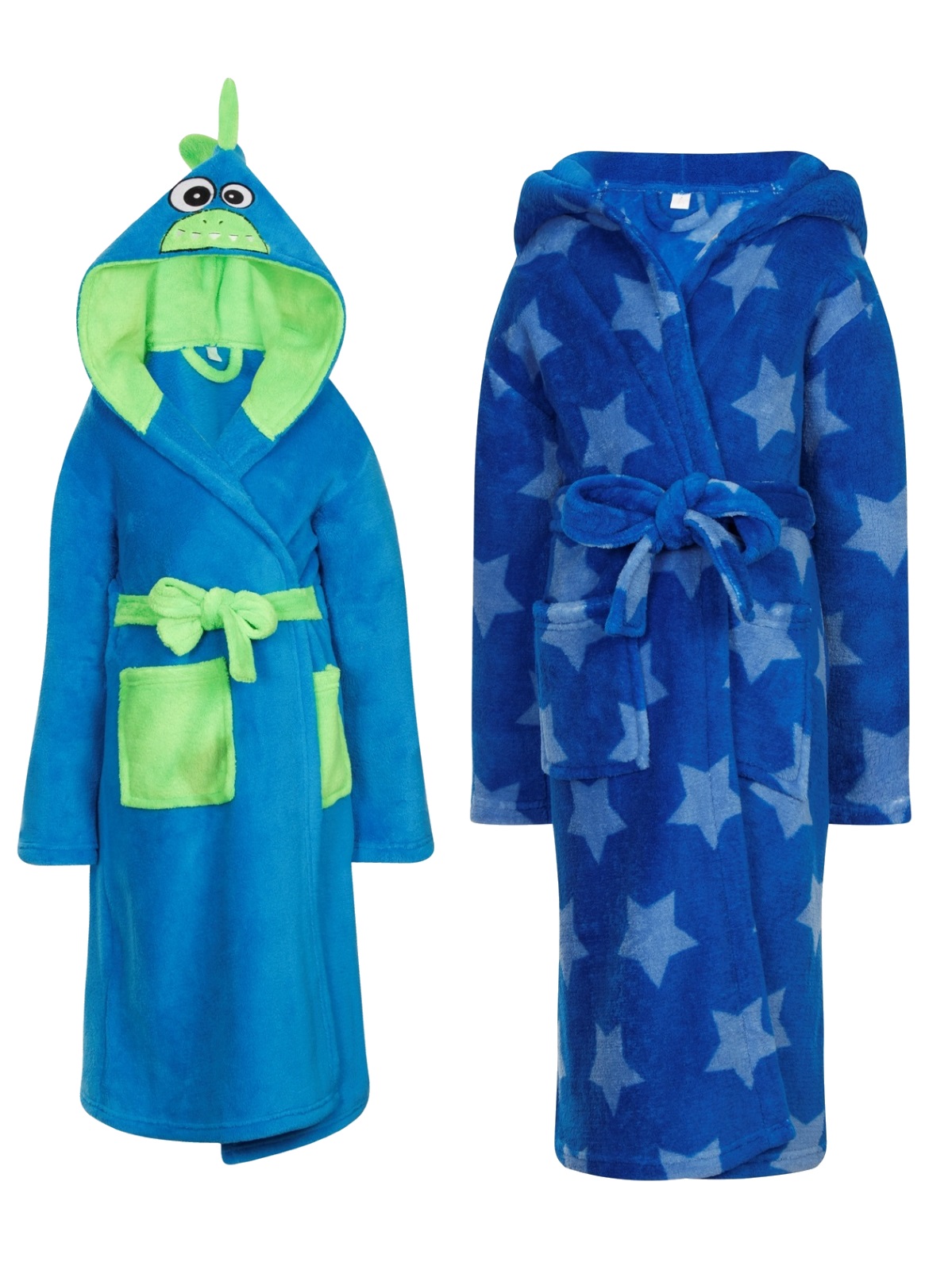 Boys robes Types of boys' bathrobes. Boys' bathrobes are available in a variety of materials such as terry cloth, fleece, and cotton. Terry cloth is absorbent, like a towel, while fleece is a fluffy fabric. Cotton is a lightweight material that's thinner than other robe fabrics.